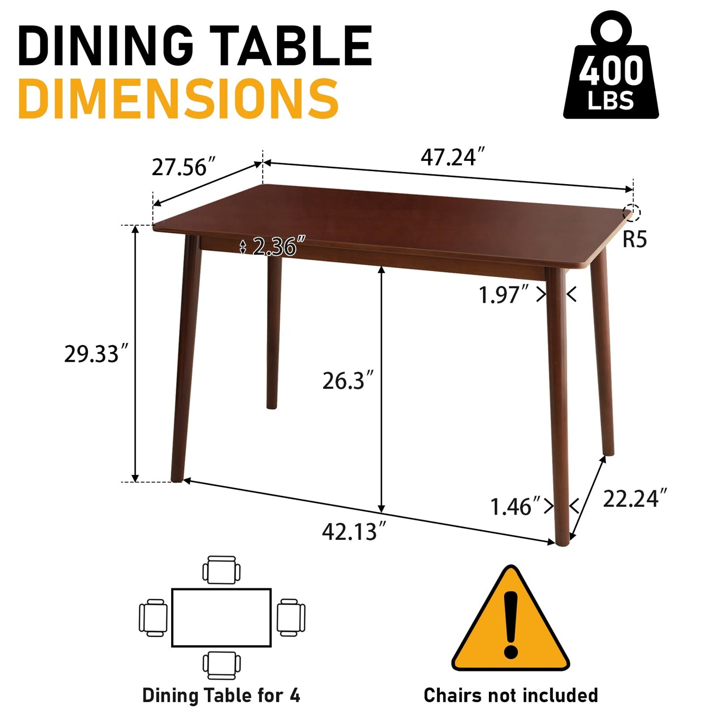 BAKEVE Bamboo Dining Table for 4-6 Person- 47.2'' Solid Wood Kitchen Table, Farmhouse Rectangular Dining Room Table, Mid Century Modern Desk for Living Room, Kitchen, Walnut, FSC-Certified Bamboo