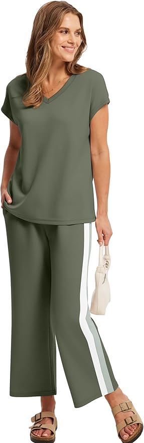 Saloogoe Two Piece Sets for Women Summer Outfits Lounge Sets V Neck Tops Wide Leg Pants Woman Vacation Travel Outfits