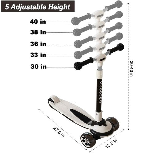 CLrkualn Kick Scooter for Kids Ages 3-12, 5 Adjustable Height Foldable Scooter with 3 LED Light Wheels, Outdoor Activities for Toddlers Boys Girls, Max Load up to 165 lbs (Black and White)