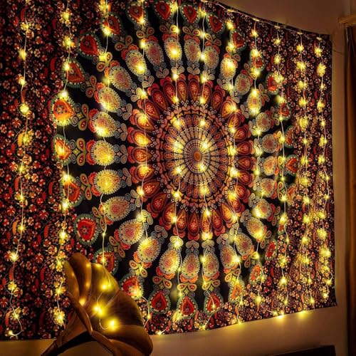 Curtain String Lights 6.5 x 5 ft,195 LED Battery Operated USB Powered light with 8 Modes Dimmable Timer,Copper Tapestry Tw...