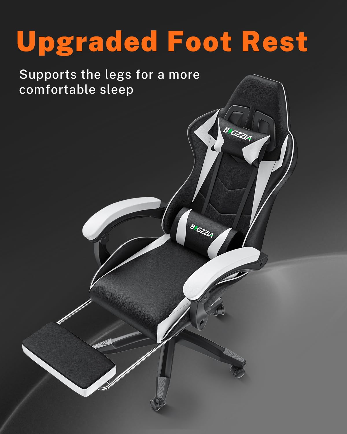 Bigzzia Gaming Chair with Footrest, Ergonomic Computer Game Chairs, Headrest and Lumbar Support, Adjustable Height, Reclining, Racing Style, and 360°Swivel Seat, Black/White