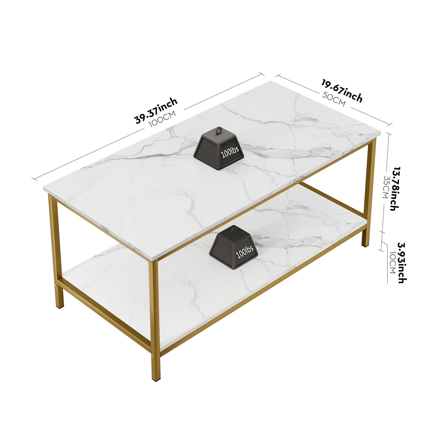 SAYGOER Modern 2-Tier Coffee Table for Living Room White Gold Coffee Tables Industrial Rectangle Wood Table for Large or Small Spaces Home Office Apartment, White Gold