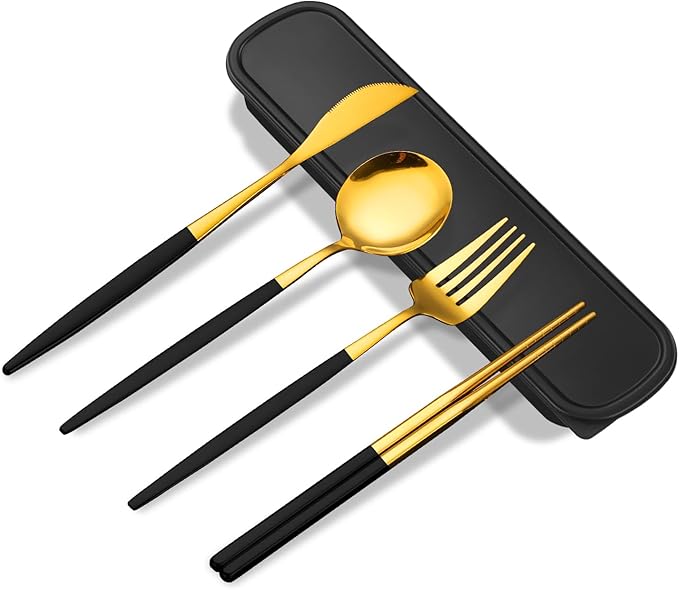 Novasteel Premium Travel Flatware Set,4 Pieces Golden Stainless Steel Flatware with Black Coated Handles and Eco-Friendly ...
