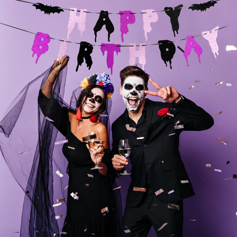 Happy Birthday & Halloween Banner - Pink, Purple, Glitter - Girl 1st Birthday Party Decorations with Spooky Bats