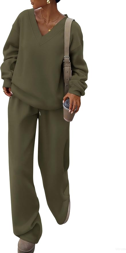 PRETTYGARDEN Casual Winter Two Piece Sets for Women 2026 V Neck Sweatshirt Loose Wide Leg Pants Tracksuit Knit Fall Outfits