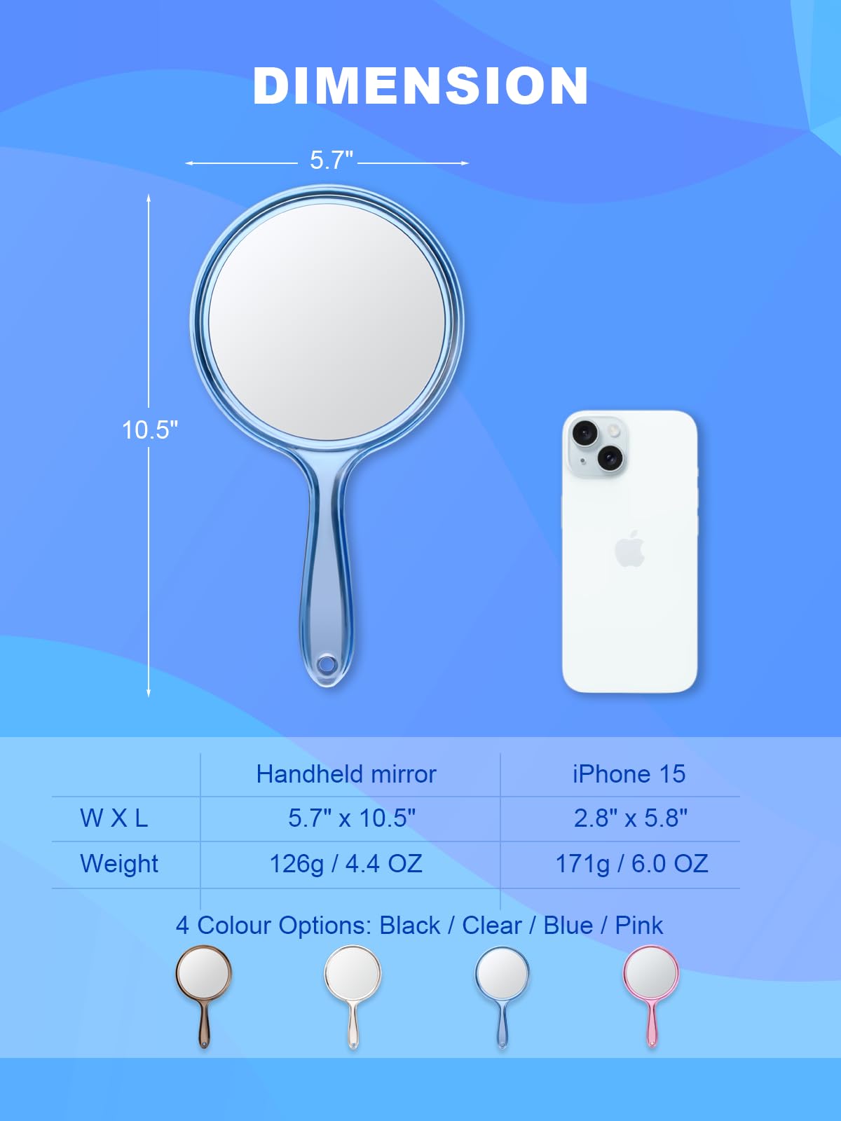 Macaki Handheld Mirror with Handle, 10.5 x 5.7 inches, Double-Sided 1X/5X Magnification Travel Makeup Mirror for Women, Blue
