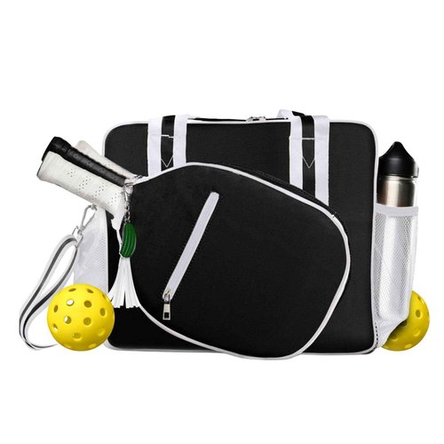 Fresh Pickle Lola Pickleball Tote Bag for Women, Designer Pickleball Bag with Paddle Storage, Zip Pockets & Shoulder Strap, Chic & Durable Pickle Ball Bags, Water-Resistant Canvas, Black/Ivory