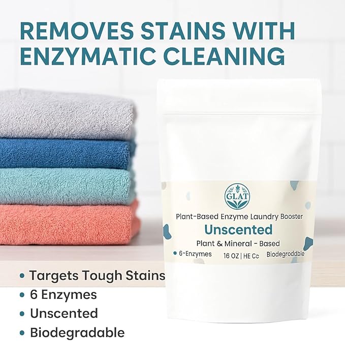 Enzyme Laundry Booster Powder - Unscented | Plant-Based, 6-Enzyme Blend for Maximum Stain & Odor Removal | Biodegradable, Boosts Detergent in All Water Temperature, HE Compatible, 16 Oz