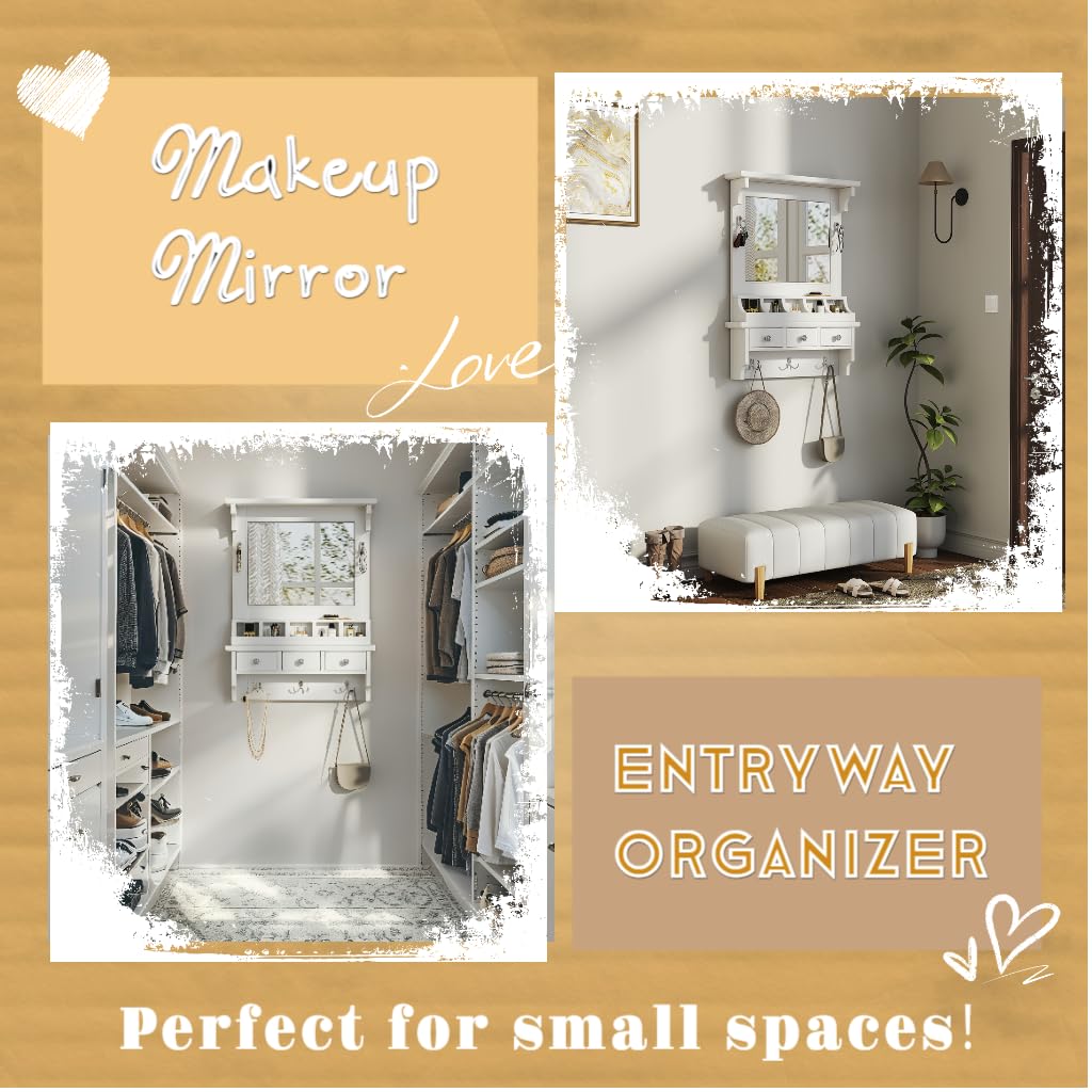 Merax Floating Makeup Vanity with Big Mirror & Hooks & 3 Drawers, Space-Saving Wall-Mounted Storage Vanity Decorative Home Organizer for Small Space Beauty Salon Station, White