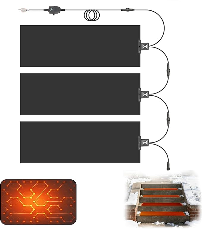 HOMREST 3PCS Heated Snow Melting Walkway Mat,10" x 30" Heated Floor Mat with 10 Feet Long Power Cord,2 in/h Speed No-Slip Snow and Ice Melt with 1 Plug for Snow Removal,Winter Outdoor Steps,Doorways