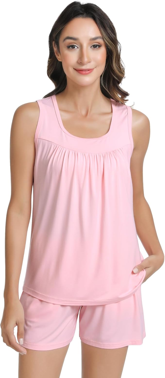 NACHILA Pajamas for Women-Viscose from Bamboo, Ribbed Racerback Tank Top Sexy Split Shorts Pajama Sets Cooling Sleep Cami Pjs