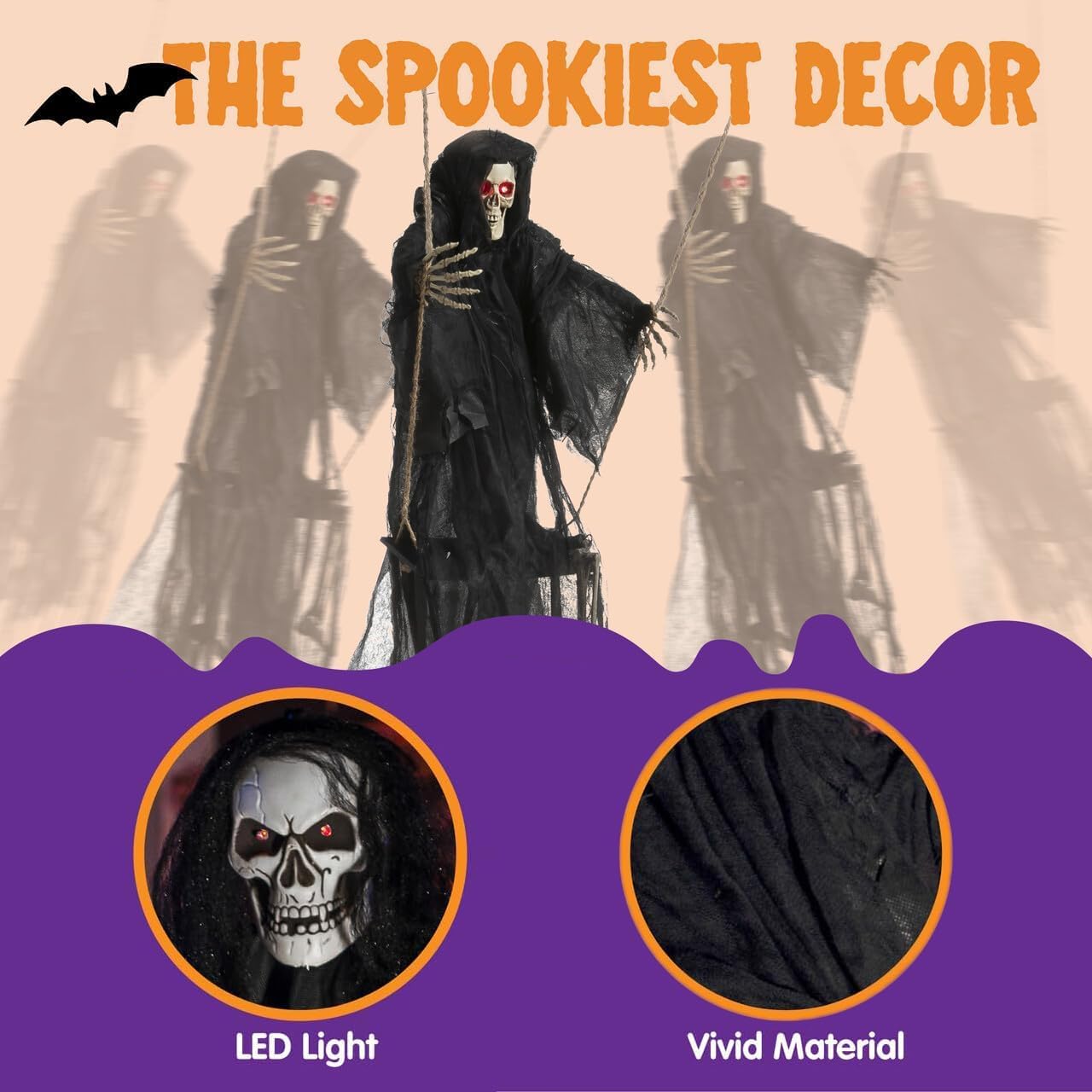 JOYIN Halloween Scary Decorations Outdoor, 2 Packs Halloween Hanging Swinging Ghosts Decor with Lighted Up Eyes, Creepy Swinging Skeleton Flying Props for Yard Patio Lawn Garden