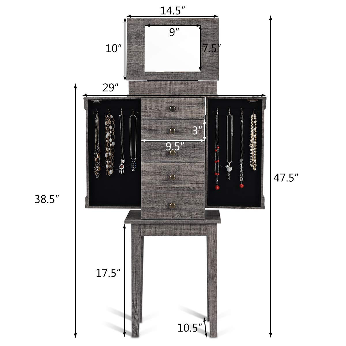 HOMGX 5 Drawers Jewelry Armoire Cabinet, Standing Jewelry Storage Chest with Mirror, 8 Necklace Hooks Wooden Jewelry Organizer, Bedroom Jewelry Furniture with 2 Side Swing Doors, Grey