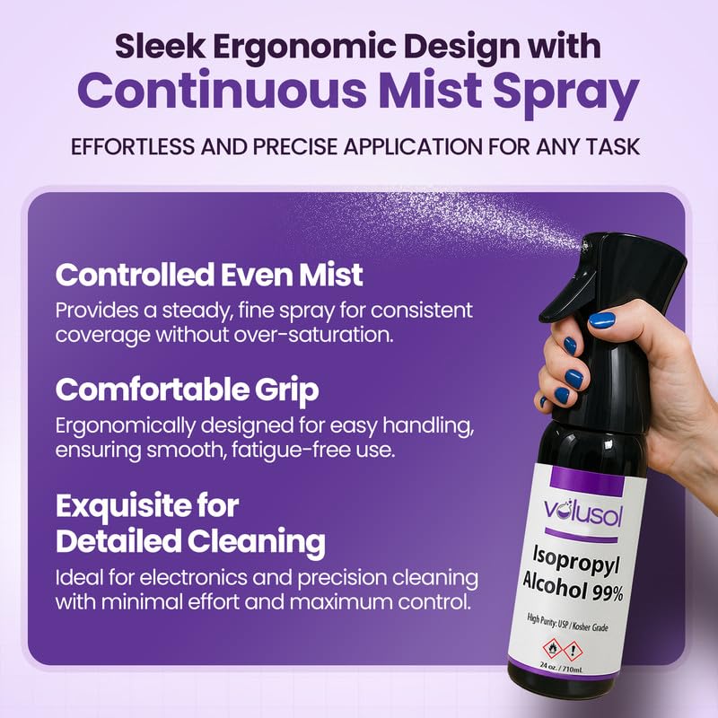 Volu-Sol 99% Isopropyl Alcohol Spray – Continuous Fine Mist Pure IPA 99% Rubbing Alcohol Spray Bottle – USP & Kosher Certified Formula for Electronics, Home & Industrial Use (24 Oz)
