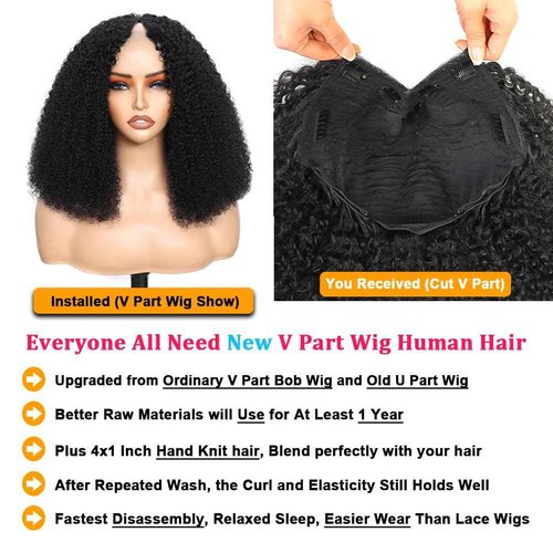 RAGMZZE V Part Wig Human Hair Kinky Curly Natural Black 16 Inch | Curly Human Hair Wig Upgrade U Part Human Hair Wigs for Black Women Glueless Wig Wear and Go 180 Density