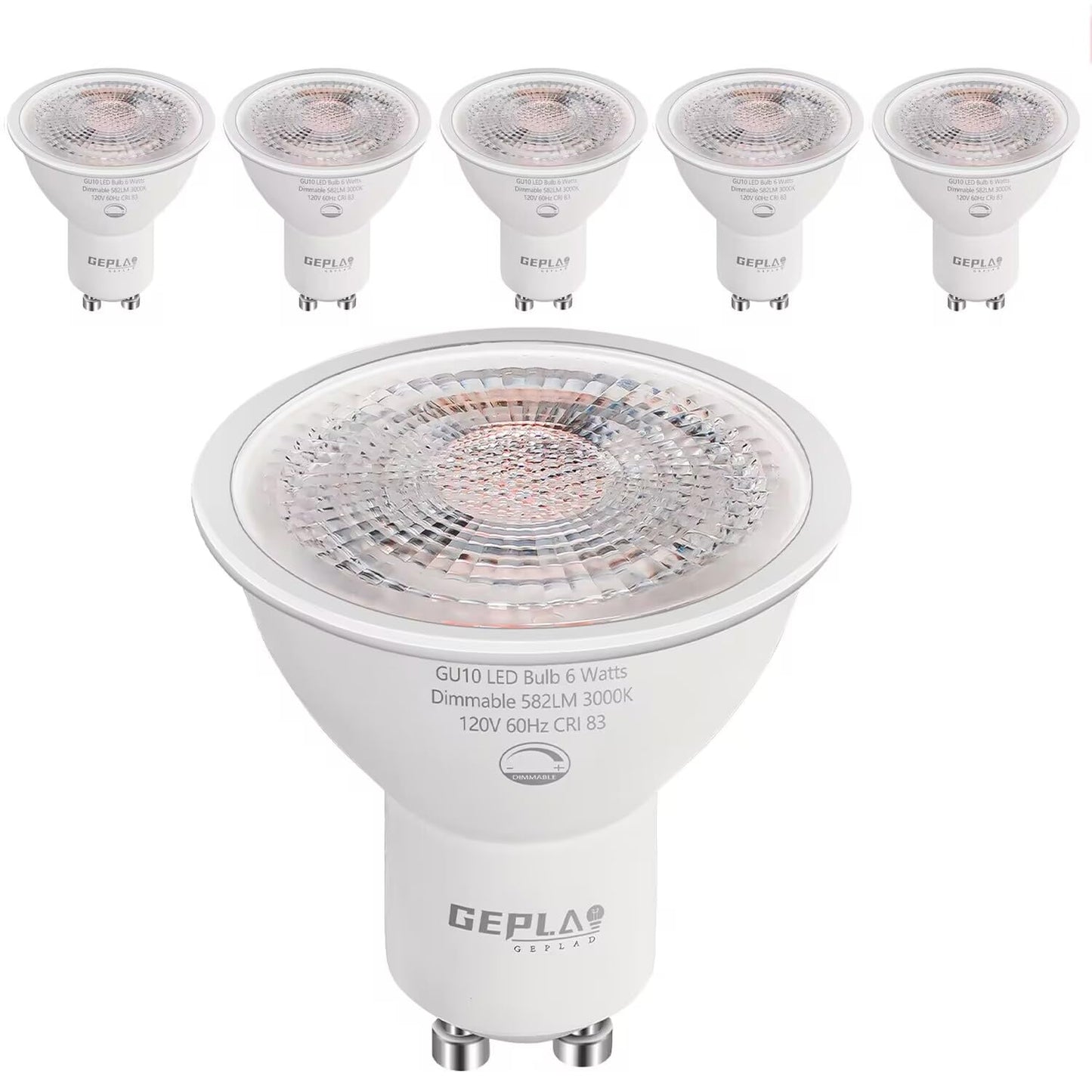 GEPLAD 6-Pack GU10 LED Bulb Dimmable, 3000K Soft White GU10 Bulb Replacement for Track Lighting, 582LM, 6W(50W Equivalent) LED Light Bulb for Kitchen, Range Hood, Living Room, Bedroom