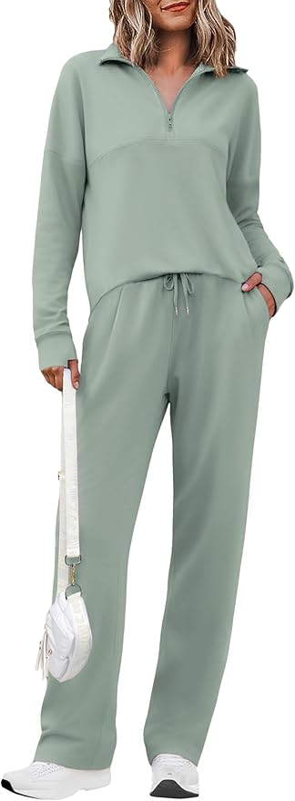 Totatuit Womens Sweatsuits 2 piece Set Lapel Half Zip Lightweight Sweatshirts and Wide Leg Pants Tracksuit Lounge Sets
