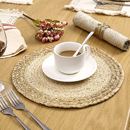 Zology Handmade Boho Placemats Set of 6 - Natural Cotton Burlap and Water Straw Woven Combination Table Mats, Macrame Déco...