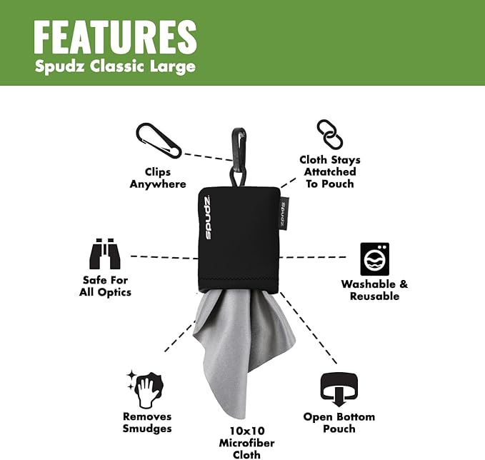 SPUDZ Classic Microfiber Lens Cleaner – Clip-On Pouch, Washable – for Binoculars, Scopes, Glasses, Screens | Black, 6 x 6 Inch (2-Pack)