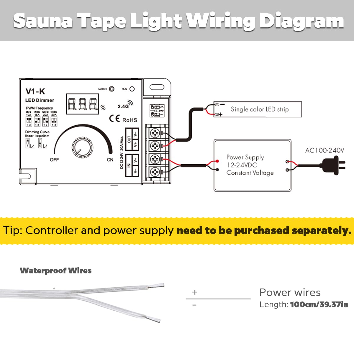SuperlightingLED DC24V LED Tape 6000K Sauna Lights for Inside Sauna, Flexible High Temperature Rated & IP68 LED Strip Light Water-Submersible, 600 LEDs Bright & 5m 16.4ft Long (6000K Daylight White)