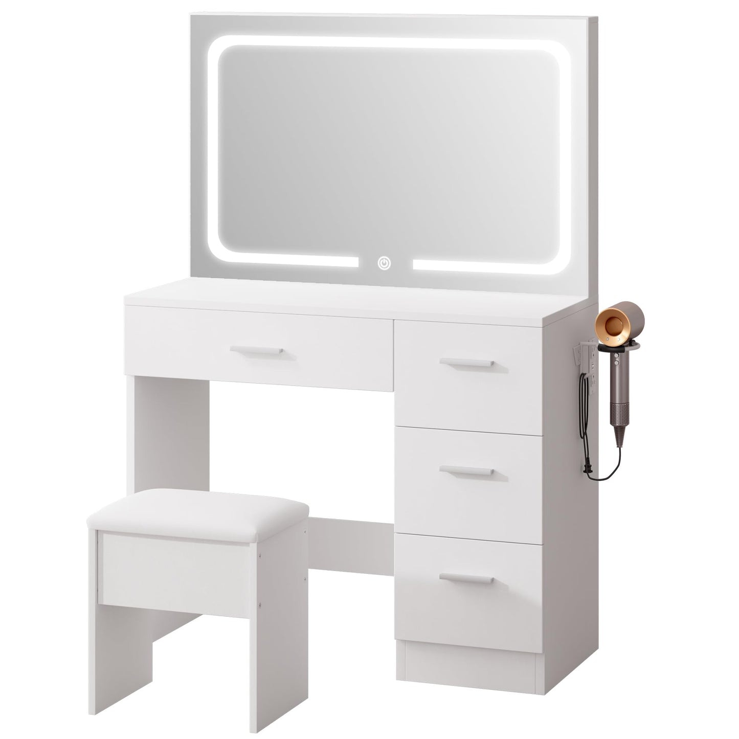 LIVELYGLOW Makeup Vanity Desk with Charging Station & LED Mirror – 35.4" Vanity Set with 4 Drawers, 3 Lighting Modes – Modern Bedroom Furniture (15.7" D x 35.4" W x 53.9" H), White