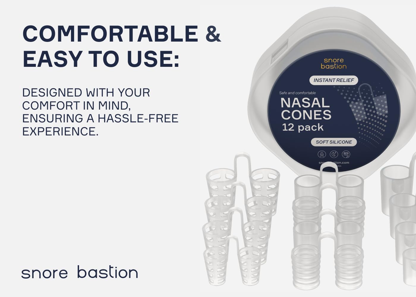 Snore Bastion Nasal Dilators for Sleeping - 12 Nasal Cones for Breathing - Nostril Opener and Soft Silicone Nose Vents for Quiet Nights and Restful Sleep - Sinus Cones