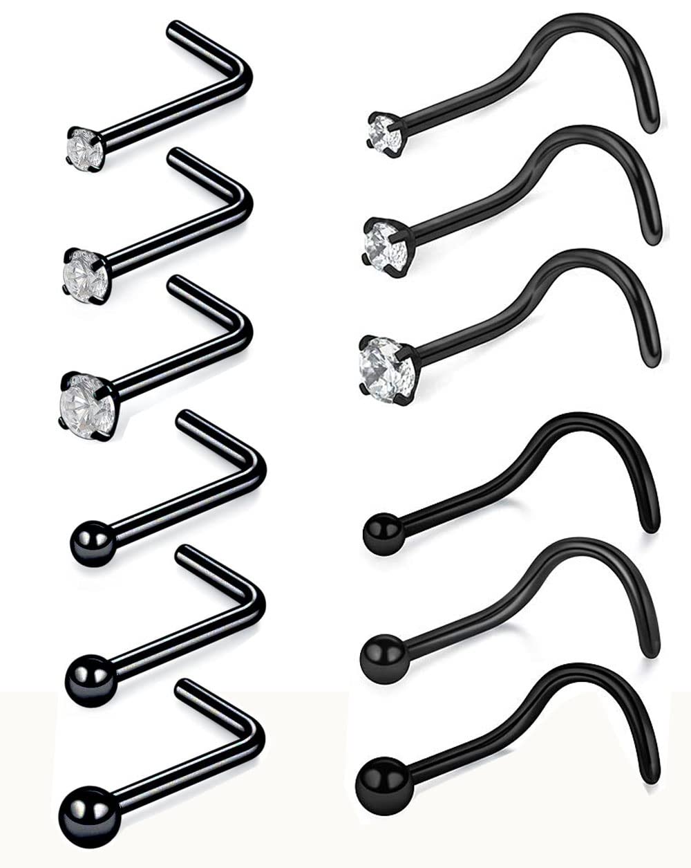 Renkovte 12Pcs Black Nose Rings Set: Titanium Stainless Steel, Hypoallergenic, 20g, 1.5-3mm, L Shape & Corkscrew Nose Studs