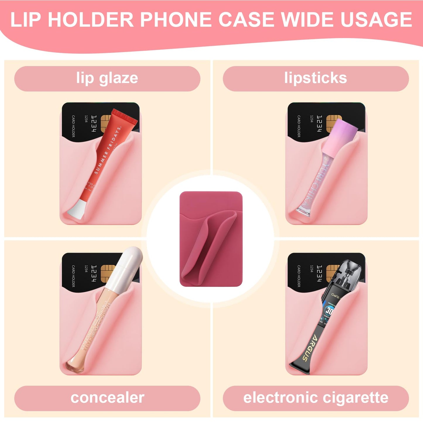 Phone Case Lip Gloss Holder,Silicone Lipgloss Holder With Card Holder,Self-Adhesive Lip Holder Suitable For Iphone And Android(3