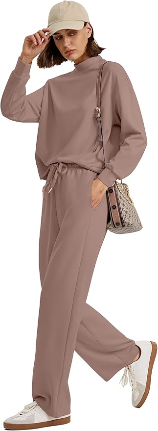 WIHOLL Two Piece Sets for Women Fall Outfits Lounge Sets Mock Neck Tops Wide Leg Pants Vacation Travel Airport Outfits