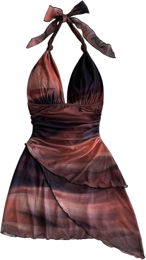 SOLY HUX Women's Sexy Tie Dye Print Halter V Neck Mini Dress Retro Backless Fitted Bodycon Dresses