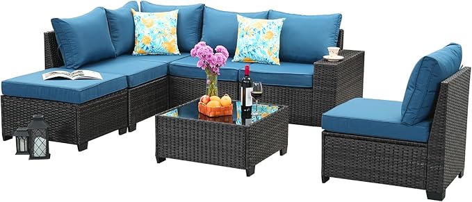 SunloungeCo 7 Pieces Outdoor Patio Furniture Set, Wicker Conversation Sets with Tea Table, Rattan Patio Sofa with Thick Cushions for Garden, Backyard Porch, Poolside,Peacock