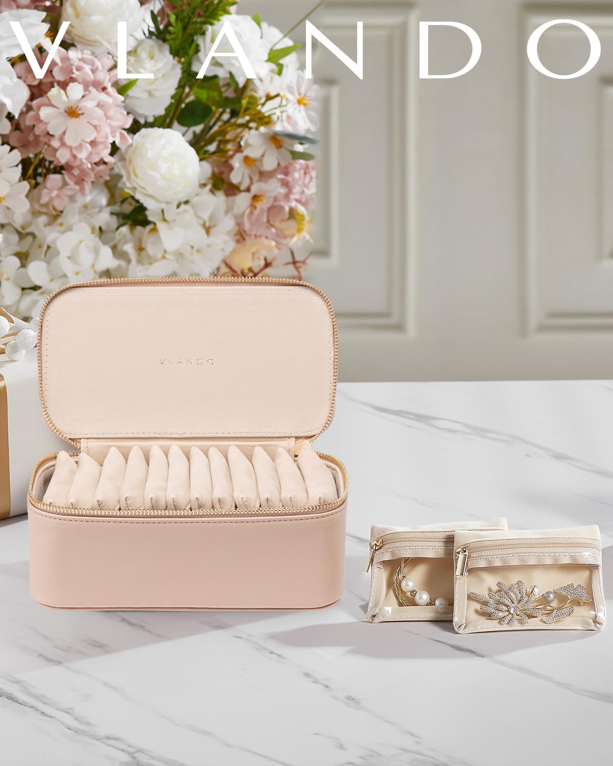 Vlando Jewelry Box for Women,Jewelry Organizer with 12 Pcs Velvet Jewelry Bags,Women Gift Ideas for 50th 60th Birthday, Wedding Gifts for Friends Sister-Khaki