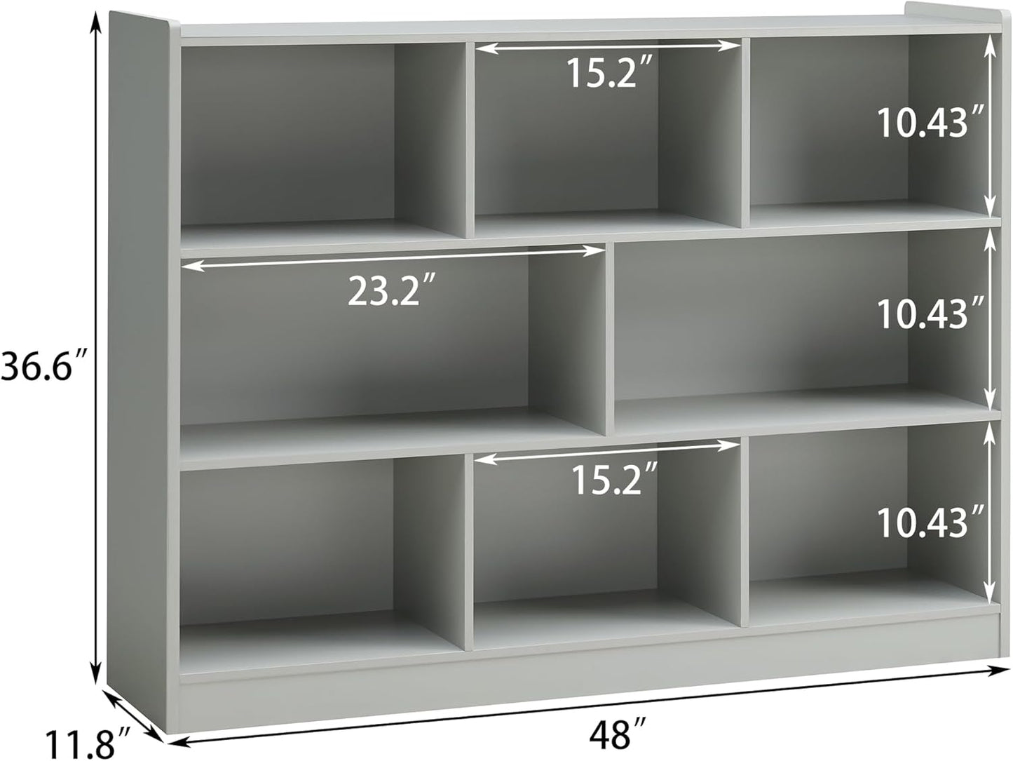 3-Tier Bookshelf, 8-Section Wooden Bookcase, Storage Organizer with Anti-Tilt Device, Modern Storage Display Cabinet for Living Room, Classroom, Kid’s Room (Grey)