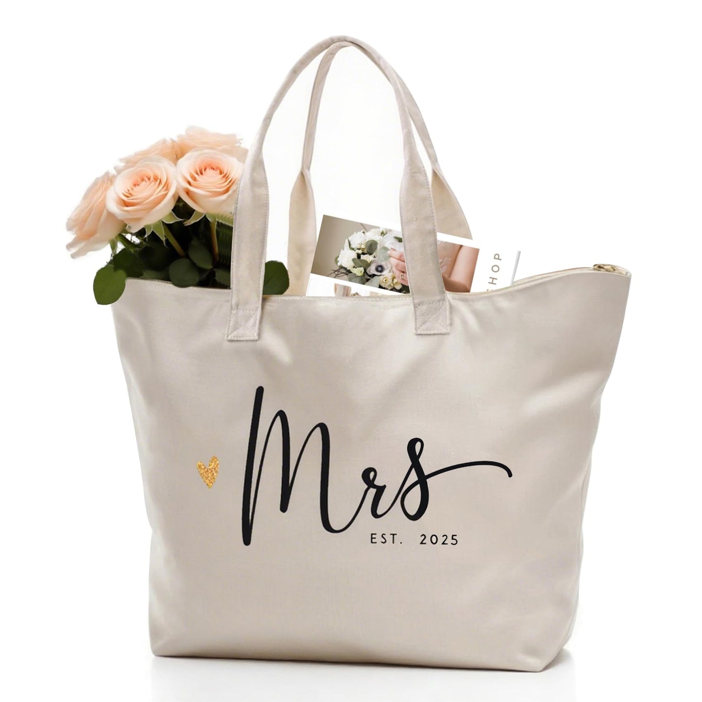 CARAKNOTS Mrs. Bag 2025 Future Mrs Bride Gifts for Wedding Engagement Bachelorette Party Honeymoon Bridal Shower Gifts for Bride to Be Tote Canvas Cotton Beach Shoulder Bag with Zipper and Pocket