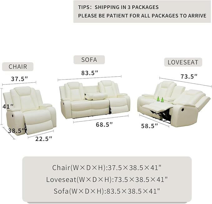 Dekmxas Power Recliner Sofa Set, Creamy White Leather Sectional Reclining Sofa with 2 Recliner Seats, Living Room Furniture Set with LED Light/Cup Holder/Storage Console for Office & Living Room