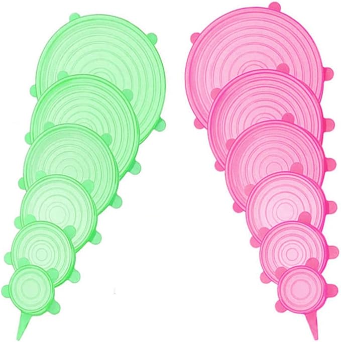 12 pcs Silicone Stretch lids set, 6 Sizes, Reusable Food Storage Covers ，Silicone Bowl Covers，Flexible to Fit All Shape of Containers，Food Cover to Keep Food Fresh (green,pink)