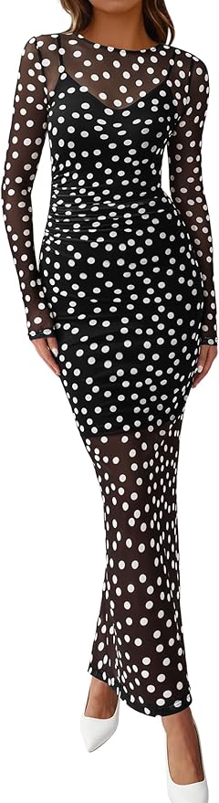 BTFBM Spring Dresses for Women 2026 2 Piece Set Long Sleeve Polka Dot Sexy Bodycon Mesh Dress and Slip Dress Wedding