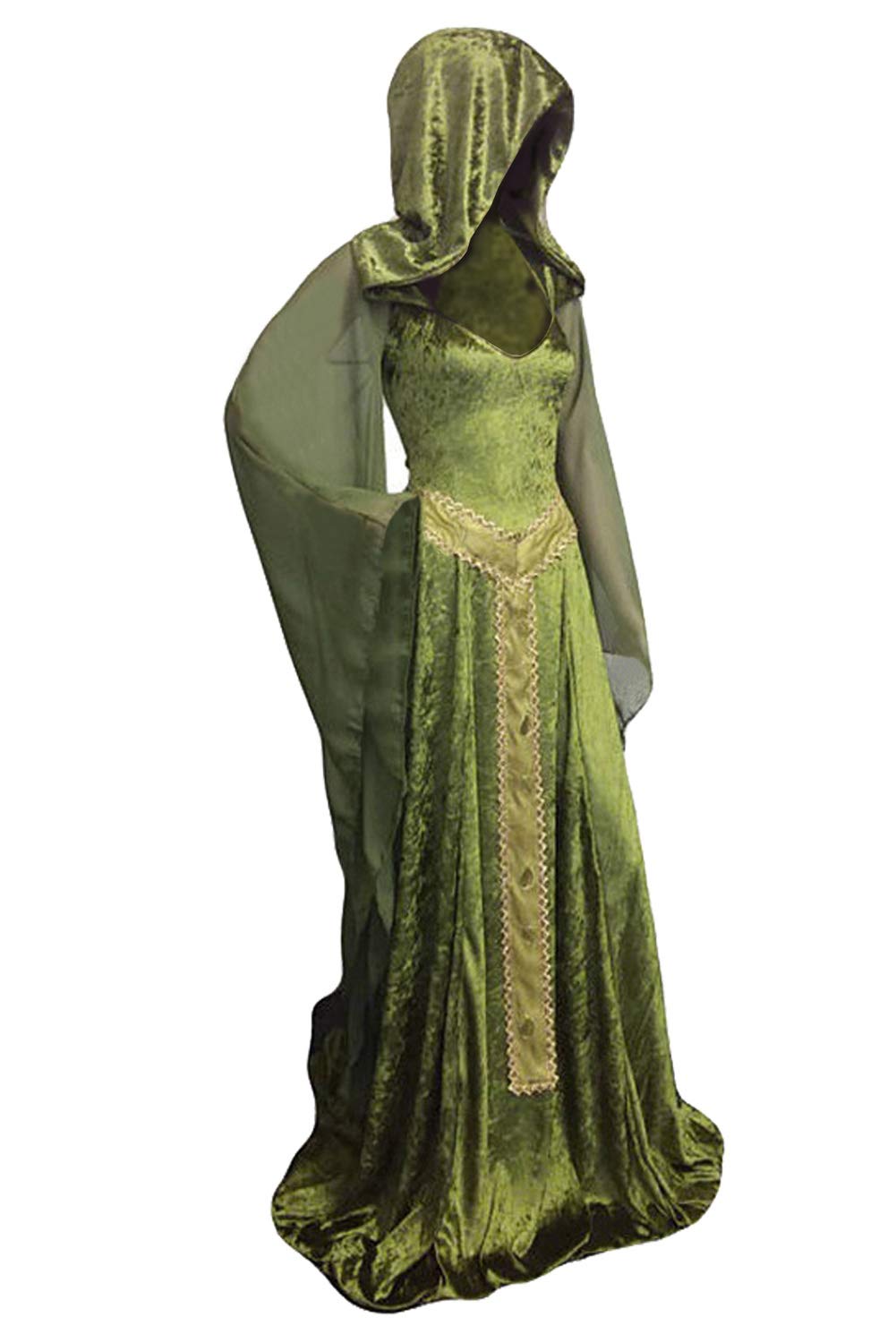 Sinastar Womens Medieval Dress Costume Hooded Lace Up Renaissance Velvet (100% Polyester) Trumpet Sleeve Gothic Green Gown