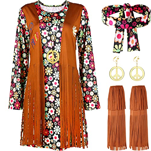 SATINIOR 70s 60s Hippie Costume Set 70s Outfits Accessories for Carnival Party Halloween Women Disco Dress
