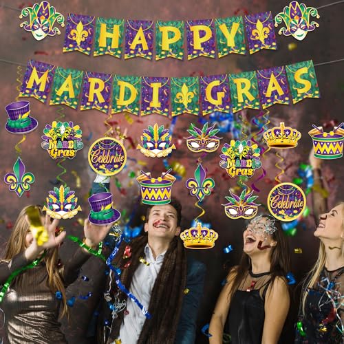 34Pcs Mardi Gras Party Decorations, Mardi Gras Banner and Masquerade Hanging Decorations, Mardi Gras Party Supplies Banner...