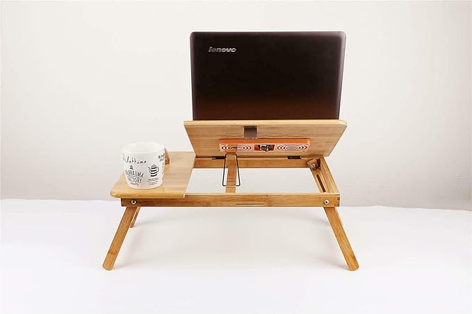 Easy Desk Bamboo Laptop Desk Laptop Table with USB Cooling Fan Adjustable Portable Breakfast Serving Bed Tray Foldable and Drawer, 22” Tilting Tray Top Surface