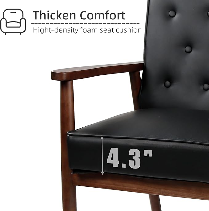STHOUYN Mid Century Modern Chair, PU Leather Accent Chair Set of 2 with Wood Arms, Living Room Chairs, Reading Armchair for Bedroom, Waiting Room, Office (2, Black 1)