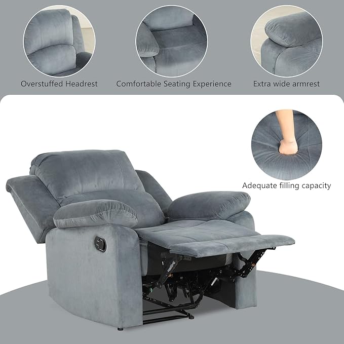 CANMOV Manual Recliner Chair Set of 2, Soft Fabric Overstuffed Recliner Single Sofa Chair for Living Room, Heavy Duty and Safety Reclining Mechanism (Blue Grey)