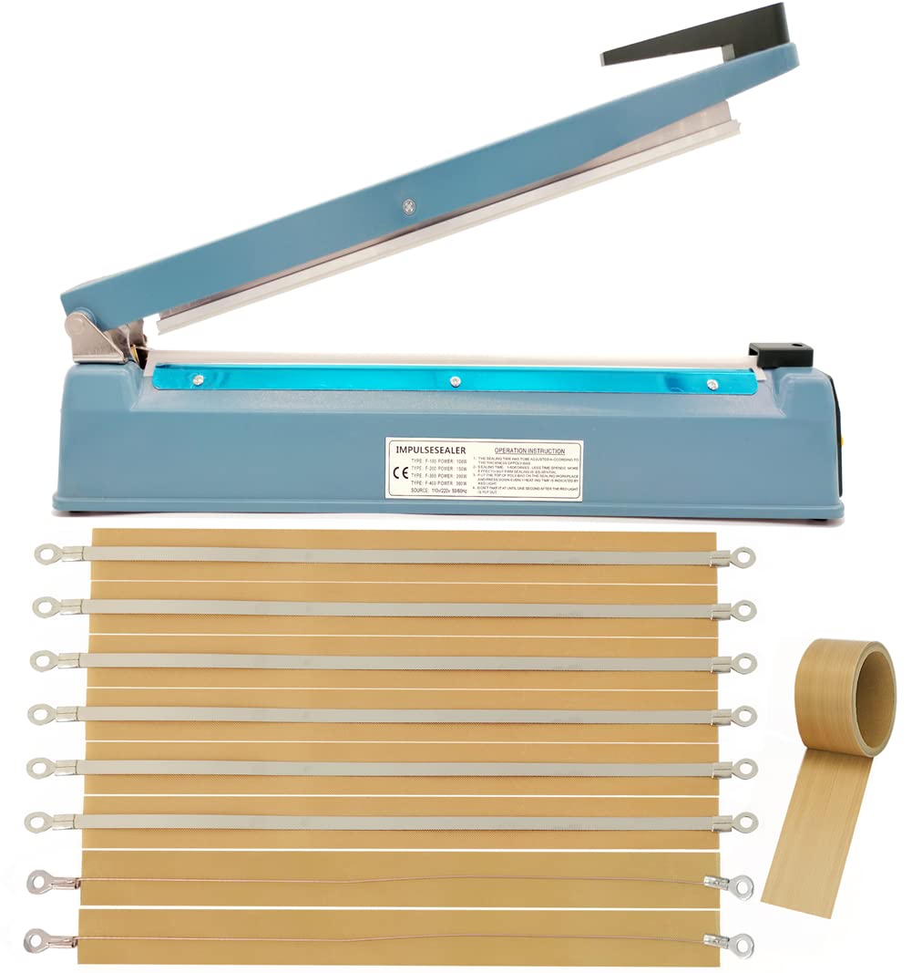 Impulse Heat Sealer 12 Inch 5mm Mylar Bag Sealer Heat Seal Machine, 110v Manual Heat Sealer for Plastic/Poly/Cookie Bags, 8 Replacement Parts & Teflon Cloth Strip(2 Round Cutter Lines Included)
