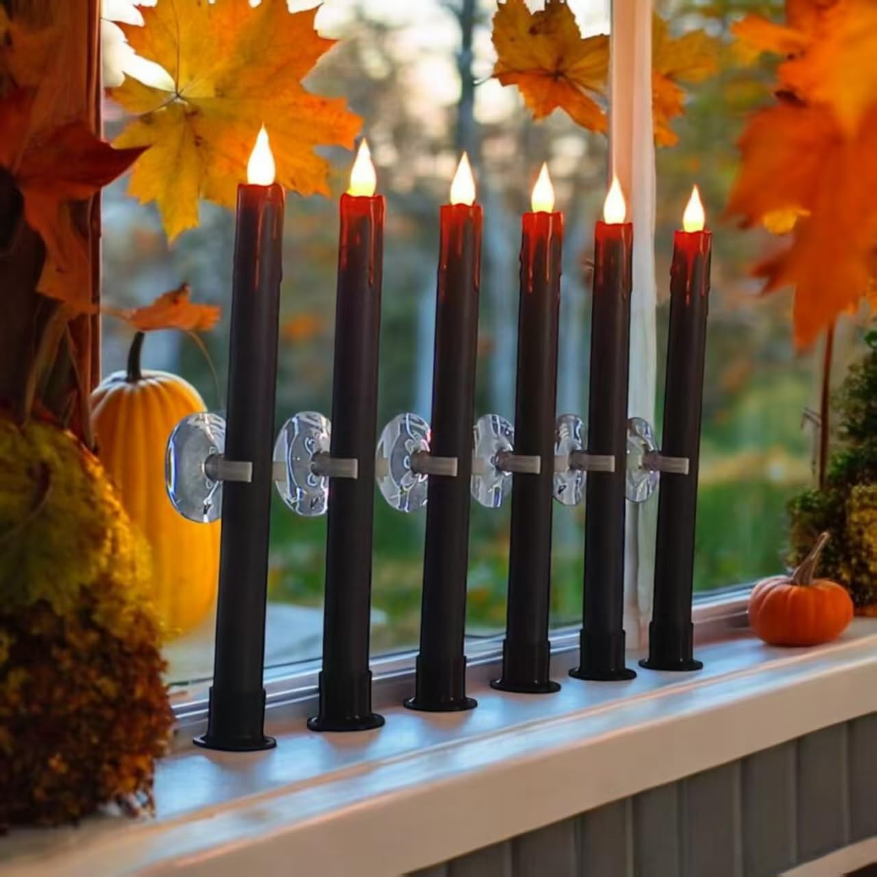 VICANBLE Halloween LED Flameless Taper Candles Black Red Drip with Remote Timer, 6 Pcs Candlesticks with 3D Flickering Flame for Home Fall Indoor Decorations(0.85 x 10.6 Inches)