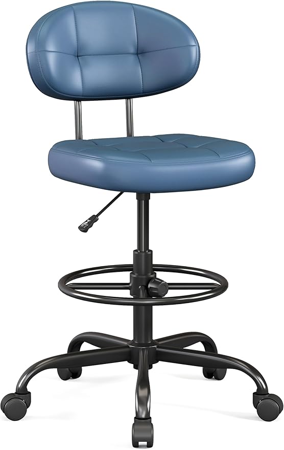 Misolant Drafting Chair Without Arms, Tall Office Chair with Footrest Ring for Standing Desk, Small Faux Leather Executive Chair with Adjustable Height for Bar Lab Counter Height Desk, Navy Blue