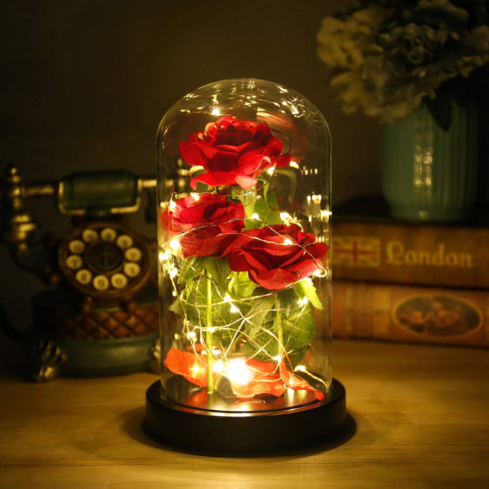 Birthday Gifts for Women,Beauty and The Beast Rose,Forever Real Preserved Red Rose in Glass Dome,Christmas Flowers Gifts for Mom,Wife,Girlfriend, Anniversary,Thanksgiving,Valentines Day Gift Idea