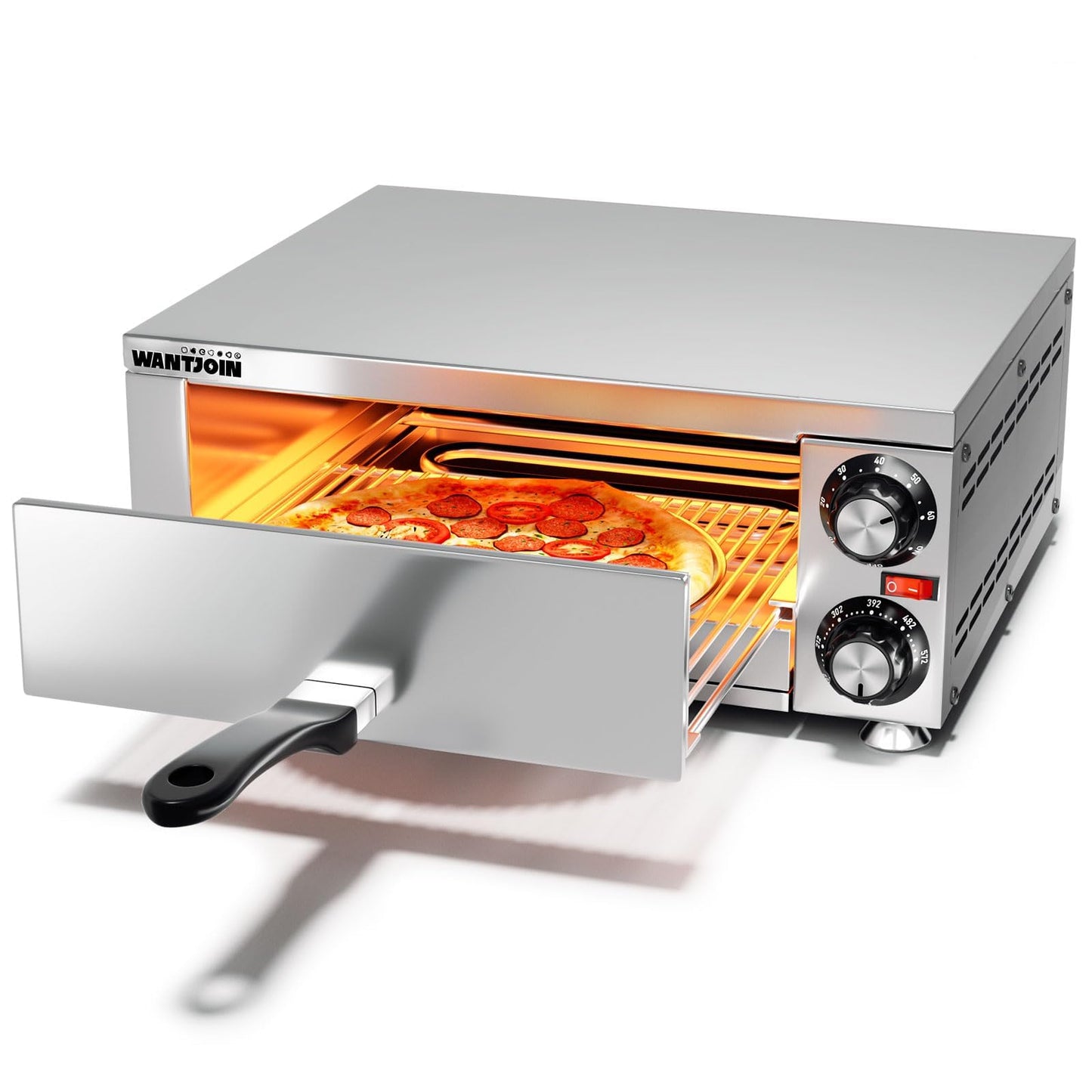 Wantjoin Pizza Oven Indoor - Electric Pizza Ovens Countertop Stainless Steel Commercial Pizza Maker Fits 12" Pizzas, With Timer Crumb Tray, 1100W, For Home, Bars, Food Trucks, Silver