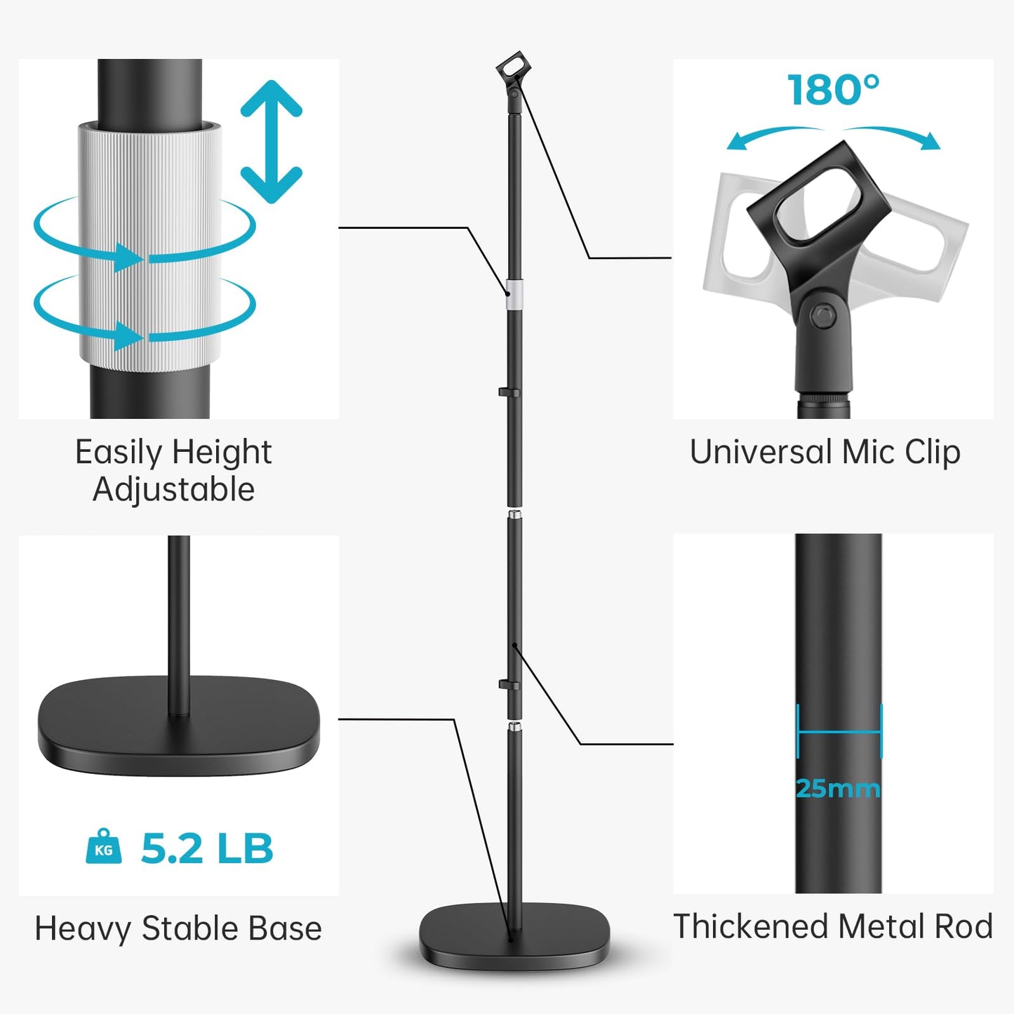 Polesto Microphone Stand, Universal Detachable Mic Floor Stand With Compact Weighted Base, Height Adjustable From 22 To 67, 2 Un