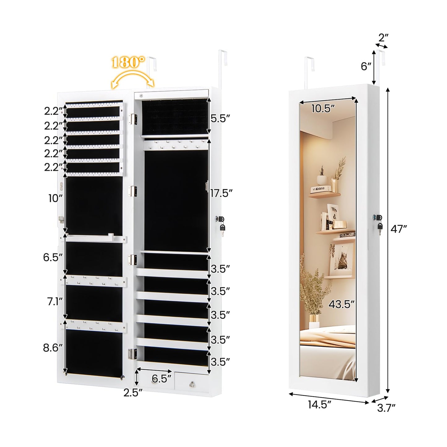 NAFORT 15 LEDs Full Length Mirror Jewelry Cabinet, Jewelry Armoire with Mirror 5 Shelves and 2 Drawers, Door/Wall Mounted Jewelry Mirror with Storage, Over the Door Jewelry Organizer